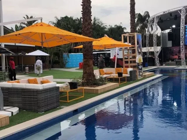 artificial grass around an outside entertainment area